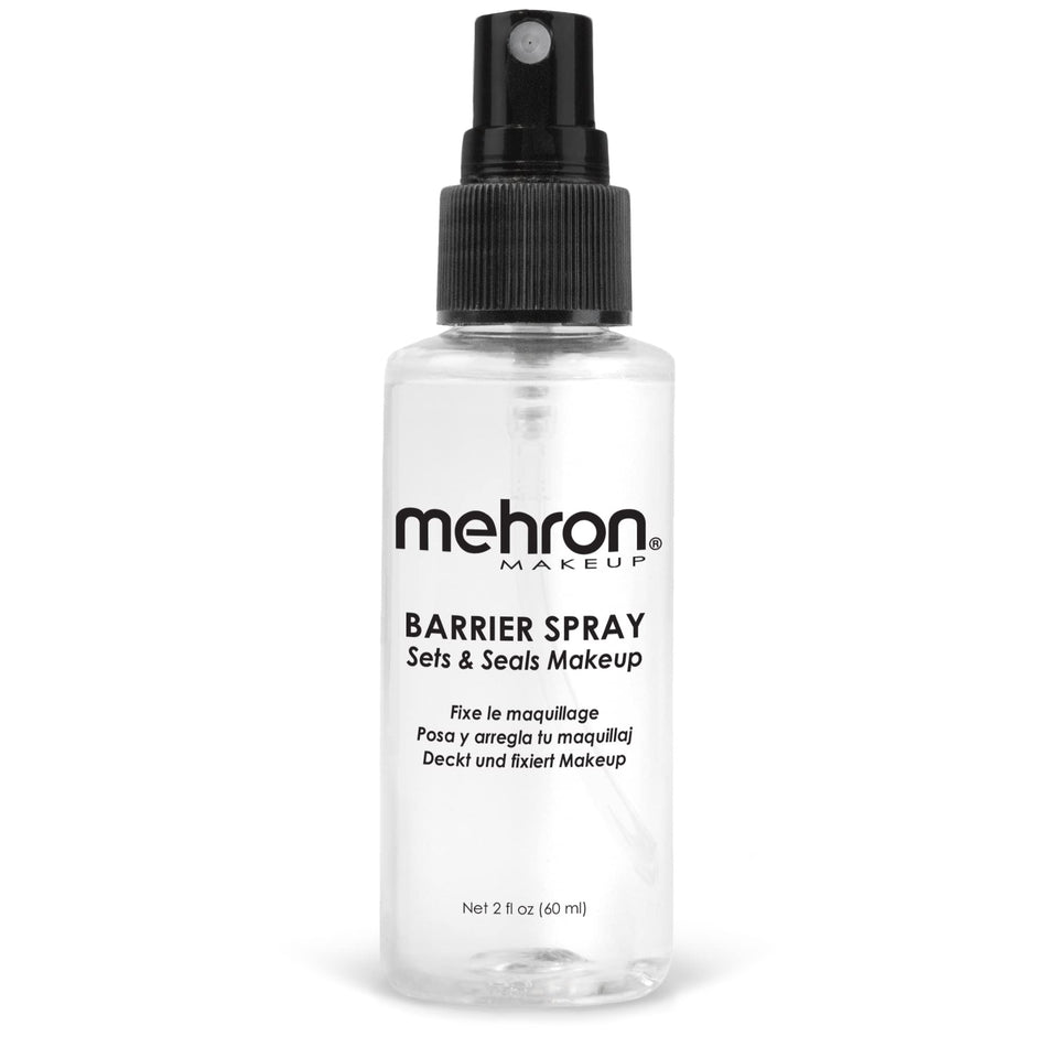 Mehron Barrier Spray front bottle showing packaging and long-wear benefit