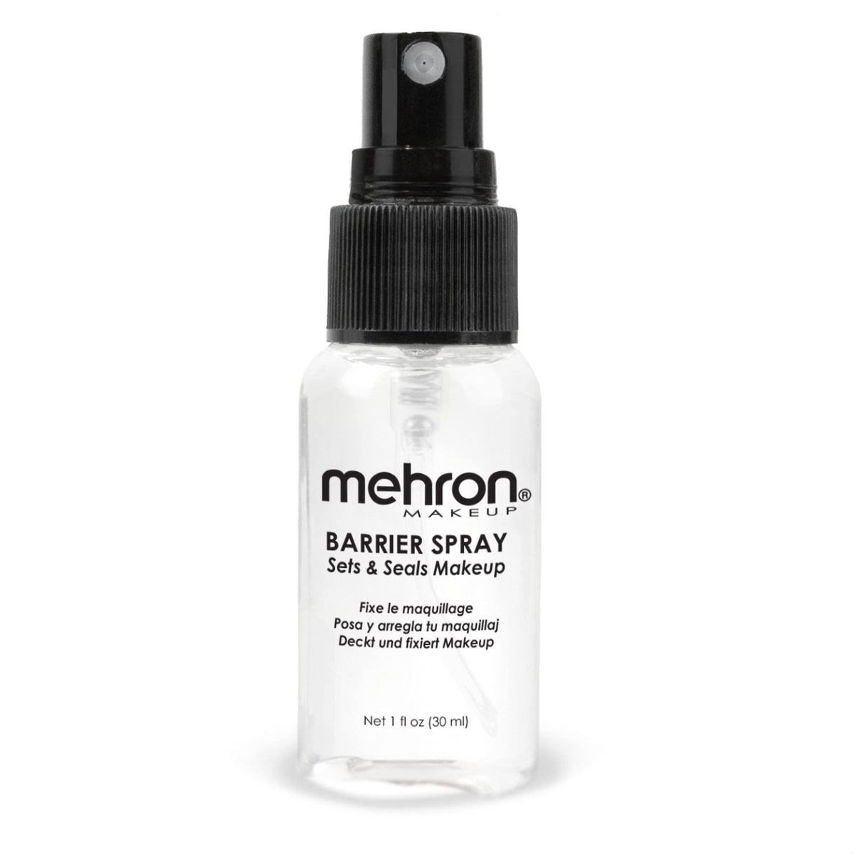 Mehron Barrier Spray front bottle showing compact travel-ready design and reliable hold