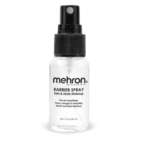 Mehron Barrier Spray front bottle showing compact travel-ready design and reliable hold