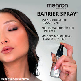 Mehron Barrier Spray mist action demonstrating quick-dry finish for long-lasting wear
