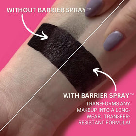 Mehron Barrier Spray texture application on skin illustrating protective film and smooth finish