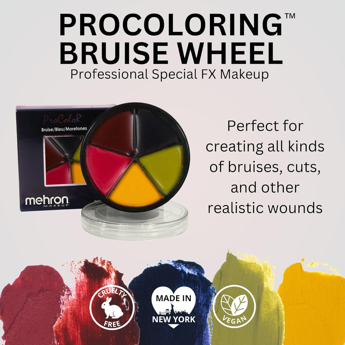 Mehron bruise wheel open top view displaying five cream pans for precise color selection