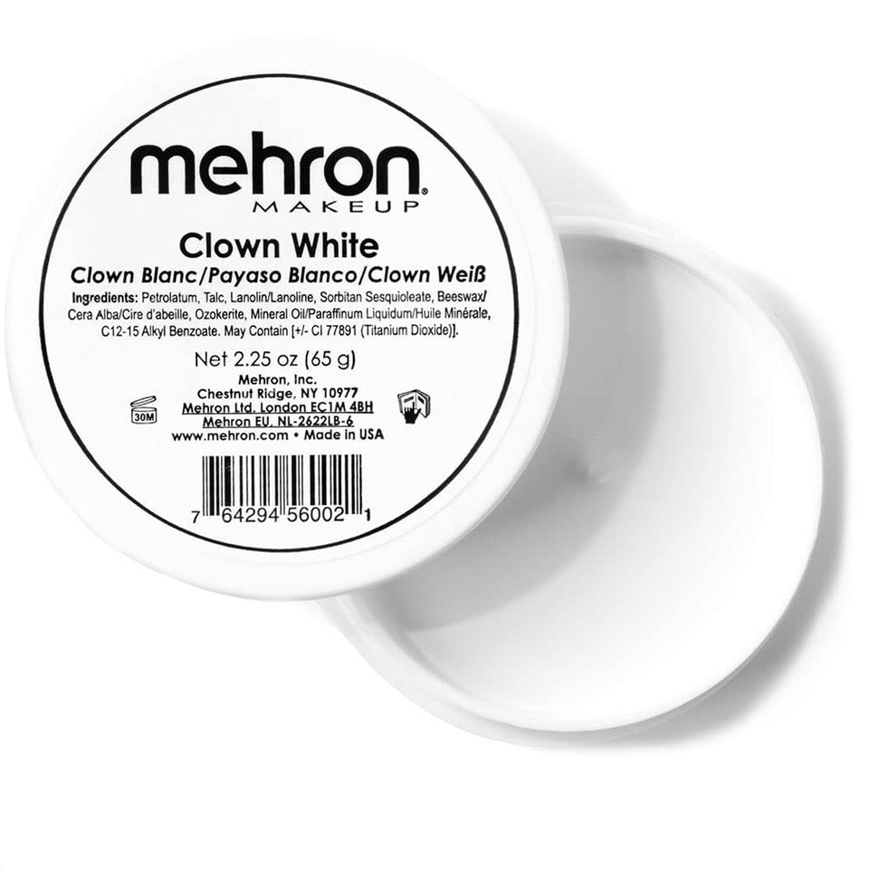 Mehron clown white front tub showing product and brand for reliable coverage