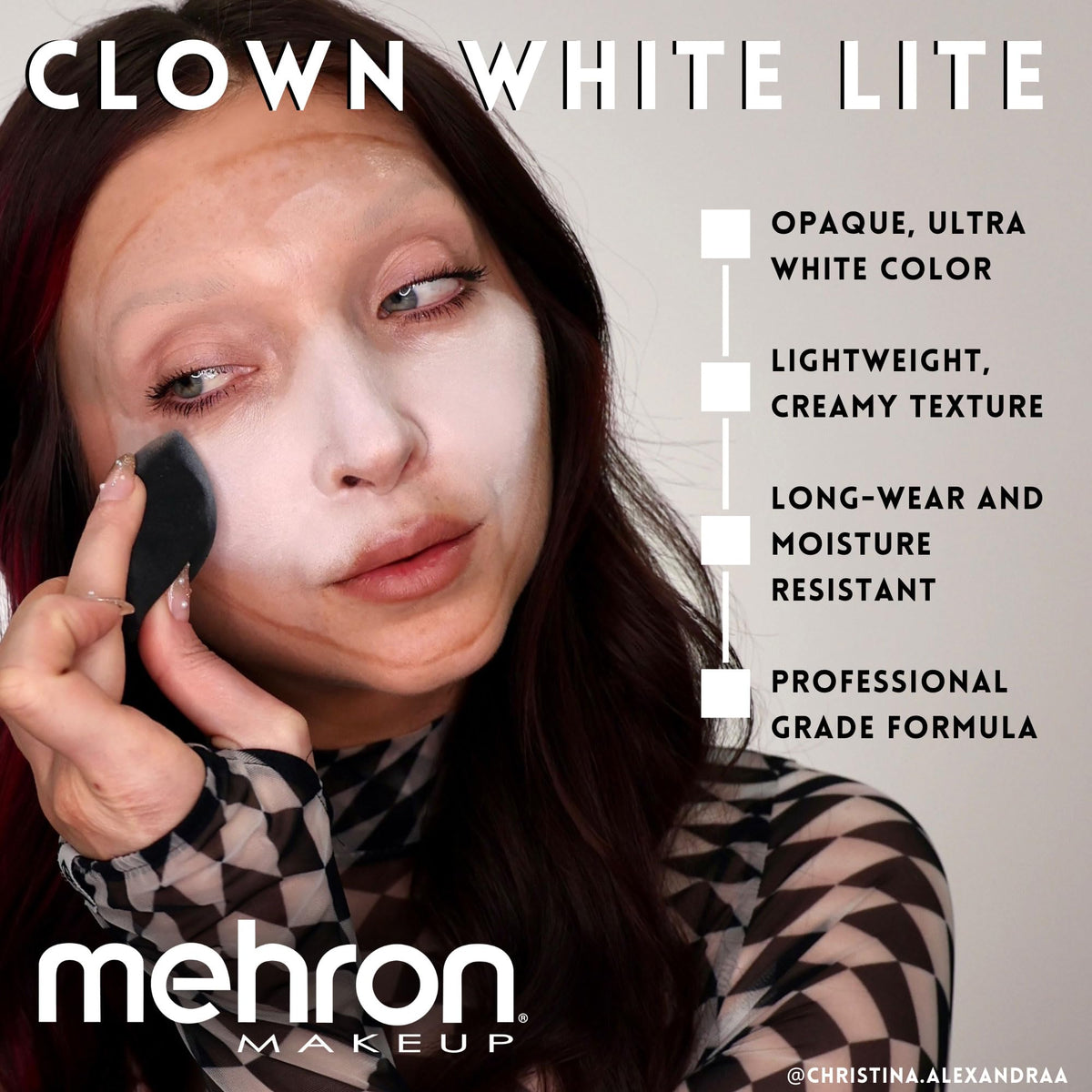Performer applying Mehron Clown White Lite to face for a full-opacity stage base