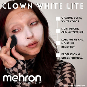 Performer applying Mehron Clown White Lite to face for a full-opacity stage base