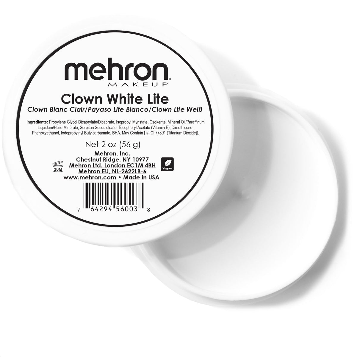 Mehron Clown White Lite front tin showing product packaging and clean white finish