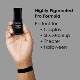 Mehron CreamBlend applied on cosplay face showing dramatic black coverage benefit