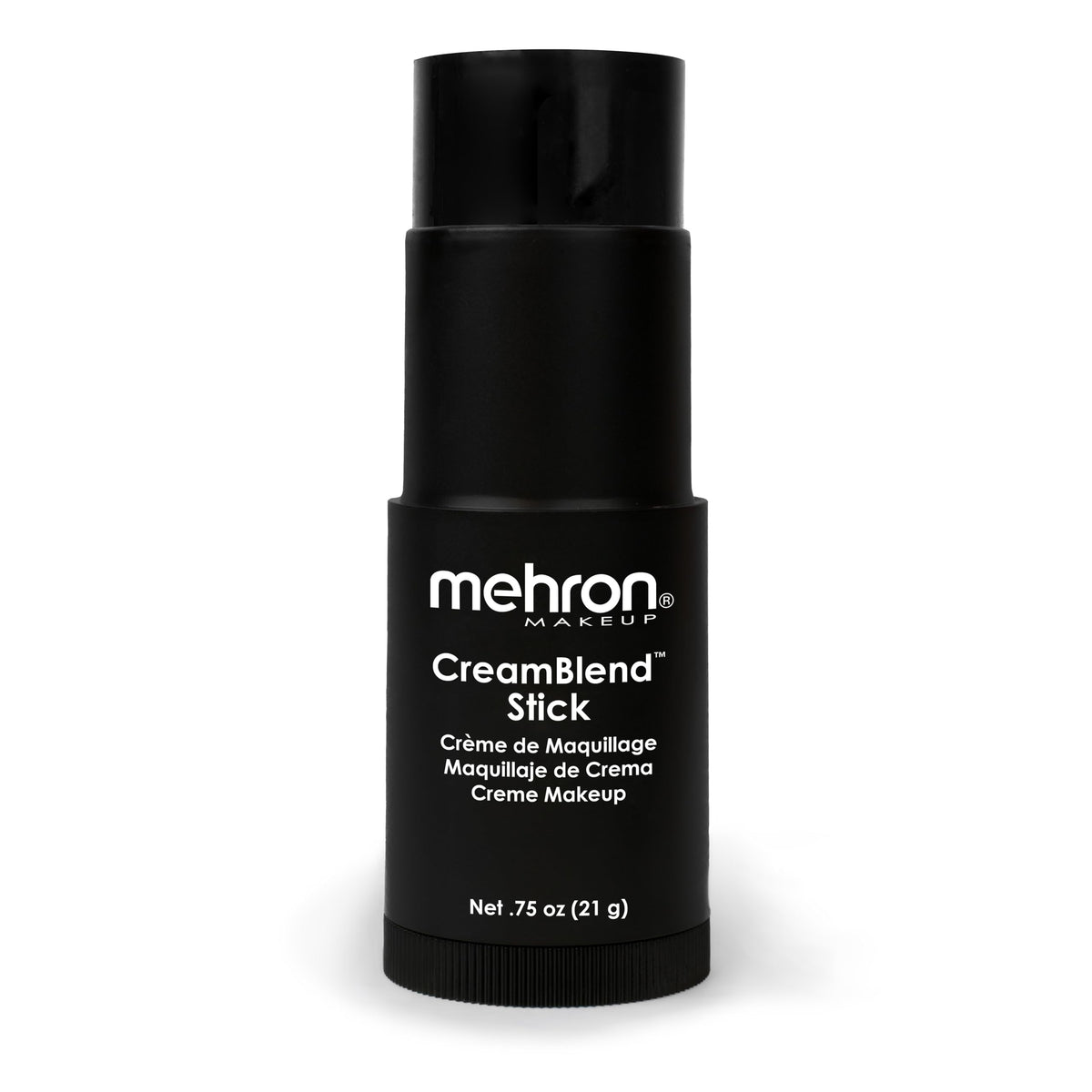 Mehron CreamBlend stick front packaging showing compact black stick and branding benefit