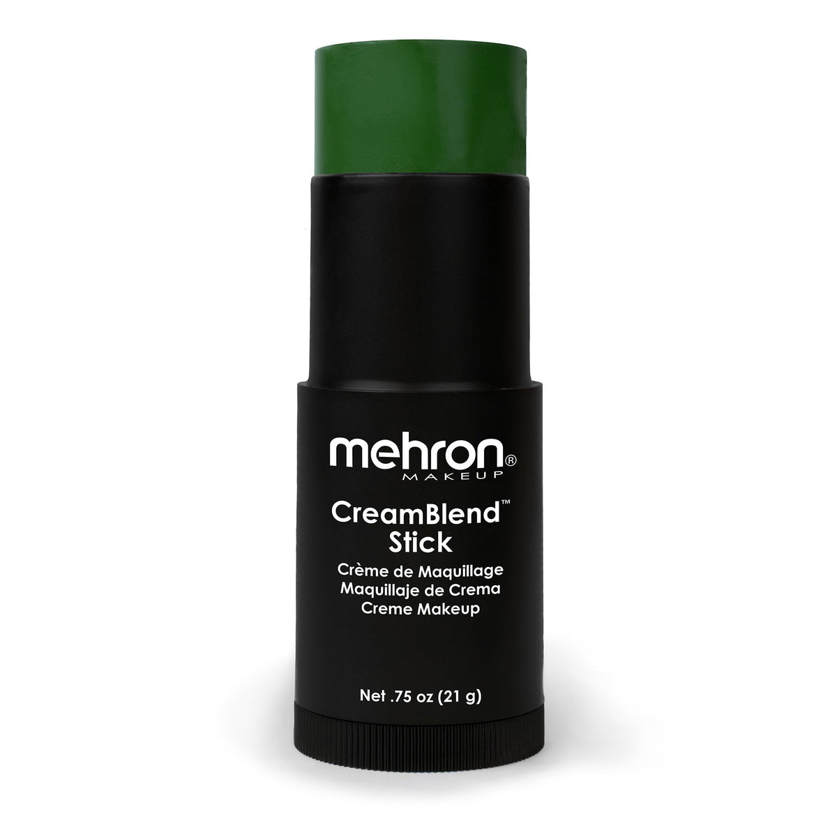 Mehron CreamBlend Stick front view showing tube and green pigment, ideal for quick coverage