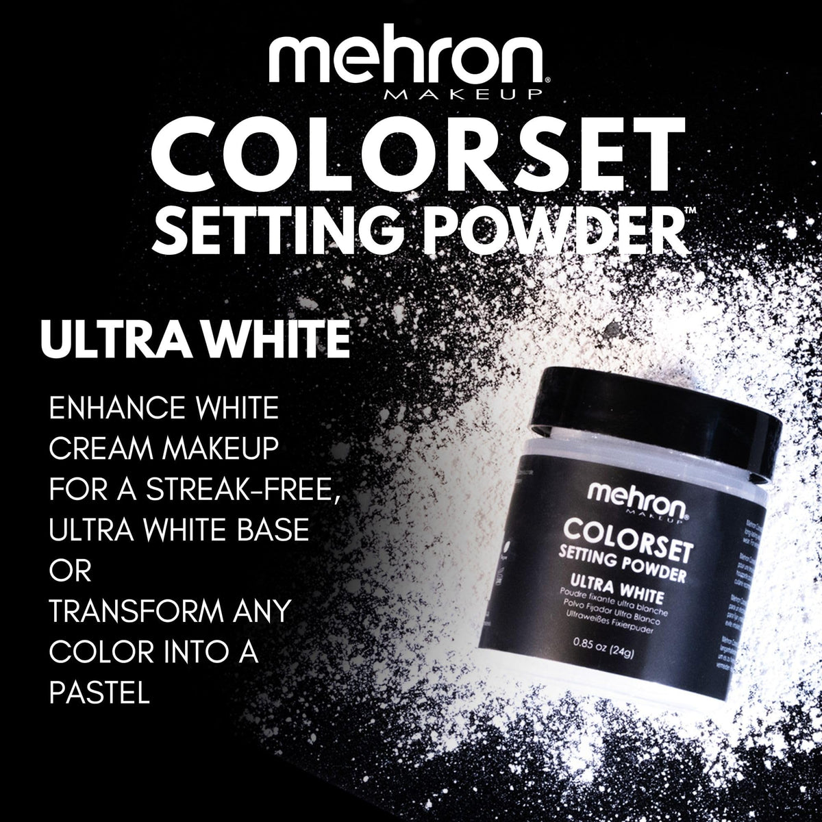 Mehron dust off with brush removing excess powder for natural matte finish