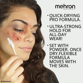 Mehron liquid latex being removed with remover to protect skin and minimize irritation