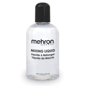 Mehron bottle front label showing clear mixing liquid and durable water-resistant benefit
