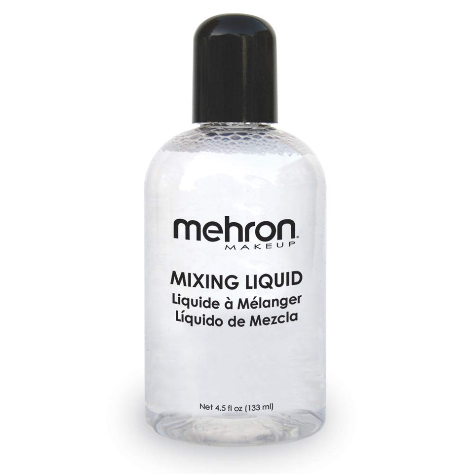 Mehron bottle front label showing clear mixing liquid and durable water-resistant benefit