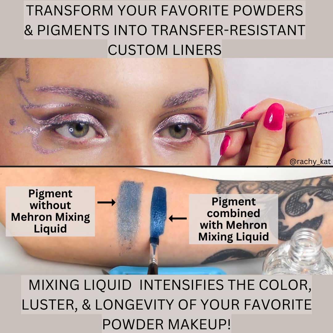 Mehron mixing liquid held in hand showing 4.5 fl oz scale and portability benefit