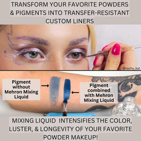 Mehron mixing liquid held in hand showing 4.5 fl oz scale and portability benefit