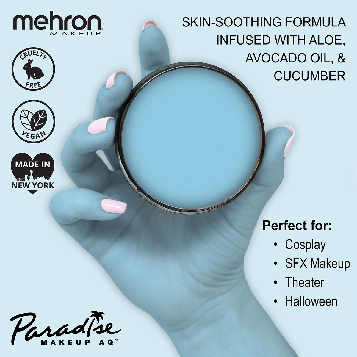 Mehron Paradise AQ light blue brush stroke demonstrating smooth application and coverage