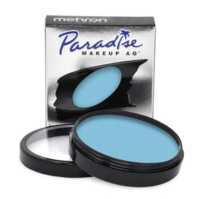 Mehron Paradise AQ light blue front pan showing vibrant pigment and pro finish