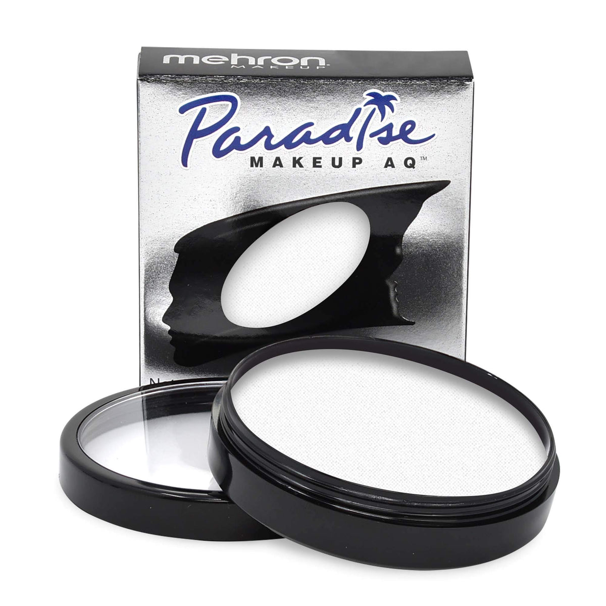 Mehron Paradise white front pan showing solid professional pigment