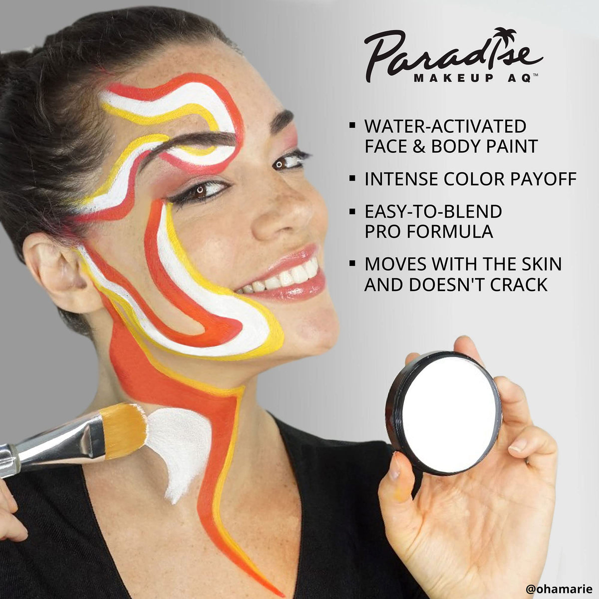 Mehron Paradise white on model cosplay showing bright highlight effect