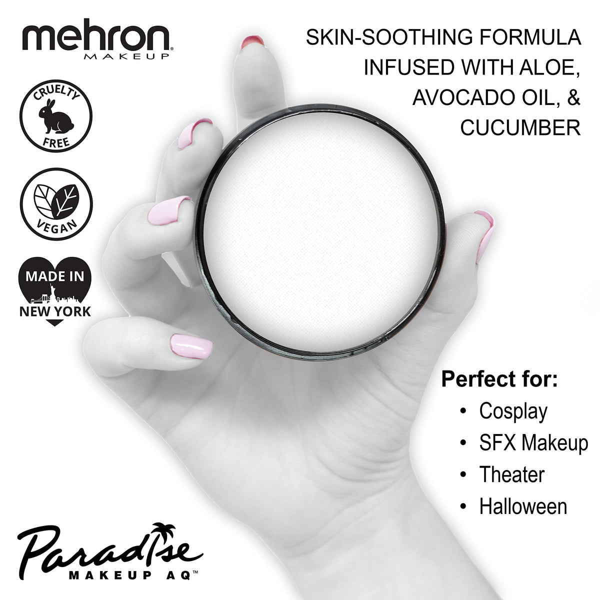 Mehron Paradise white activated with water showing smooth blendability