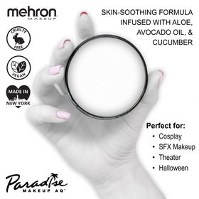 Mehron Paradise white activated with water showing smooth blendability