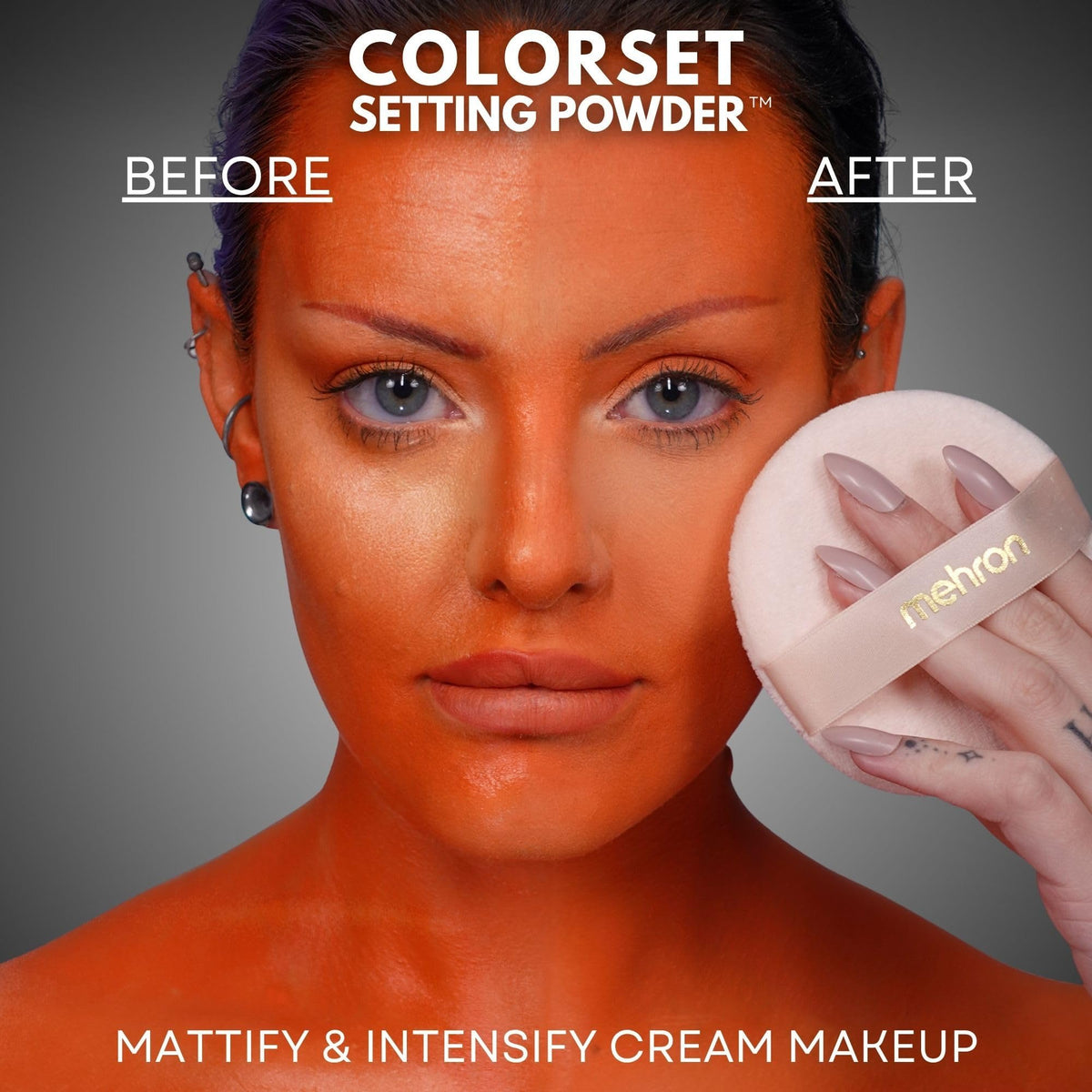 Mehron powder being applied with brush for longer-wear makeup