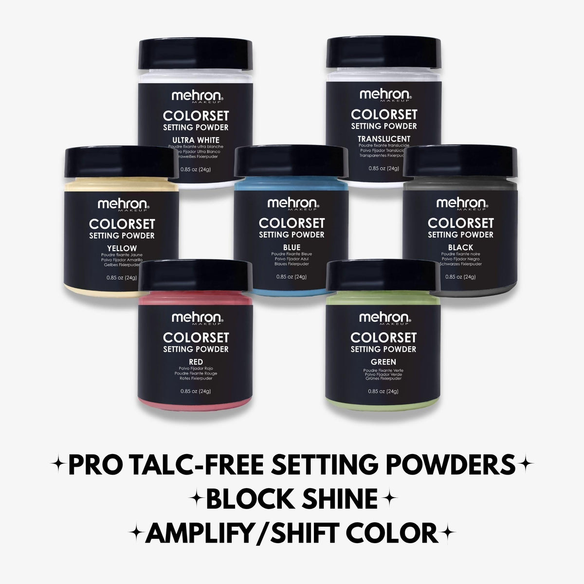 Mehron powder arranged with other shades for creative versatility