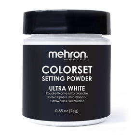 Mehron front packaging showing ultra white setting powder and branding benefit long wear