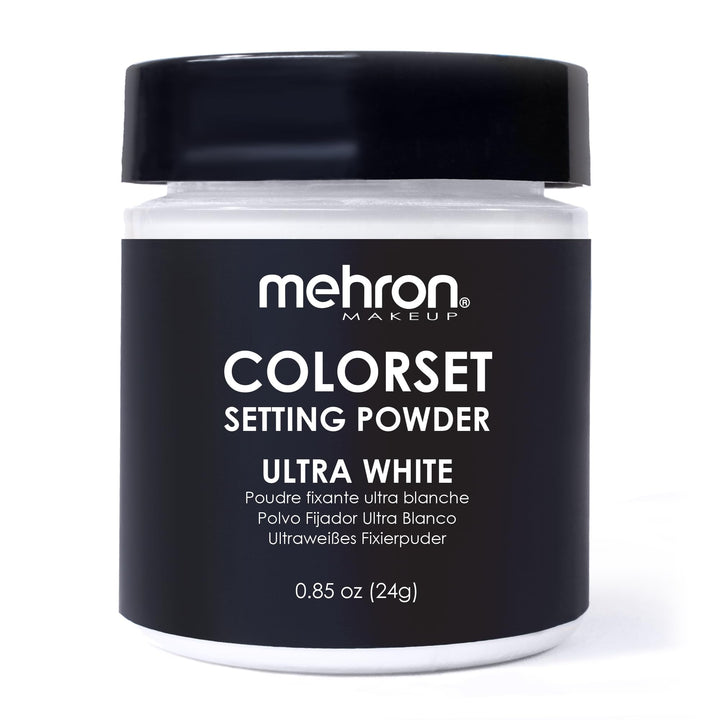 Mehron front packaging showing ultra white setting powder and branding benefit long wear