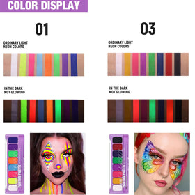 MEICOLY palette 03 close-up showing purple and pink glow pigments for stage looks