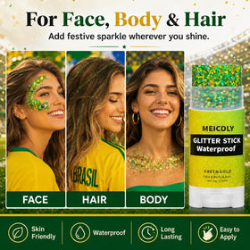 MEICOLY applied on cheek close-up giving bold Brazil-inspired photo-ready shimmer