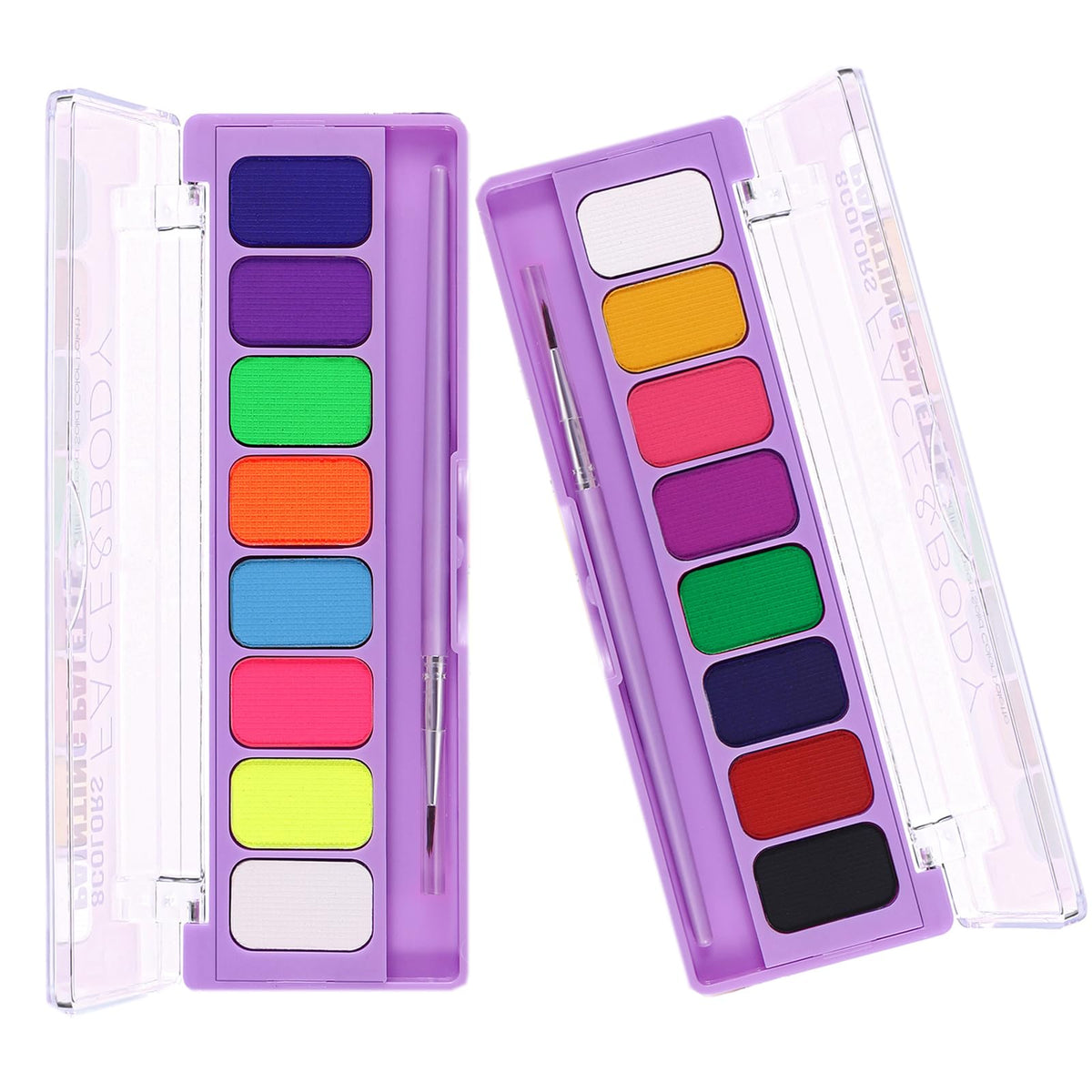 MEICOLY front packaging showing two palettes and included brushes for convenience