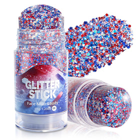 MEICOLY front packaging showing red white blue glitter stick and benefits