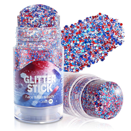 MEICOLY front packaging showing red white blue glitter stick and benefits