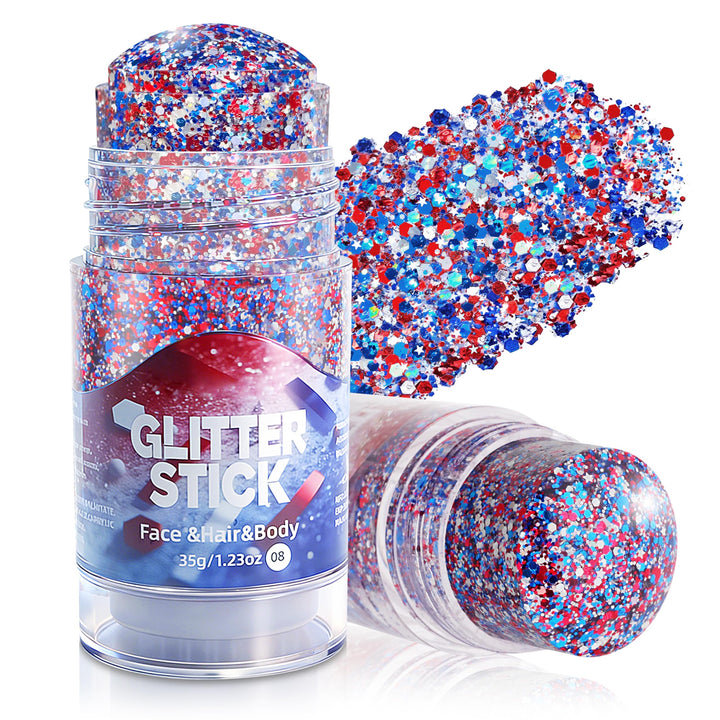 MEICOLY front packaging showing red white blue glitter stick and benefits