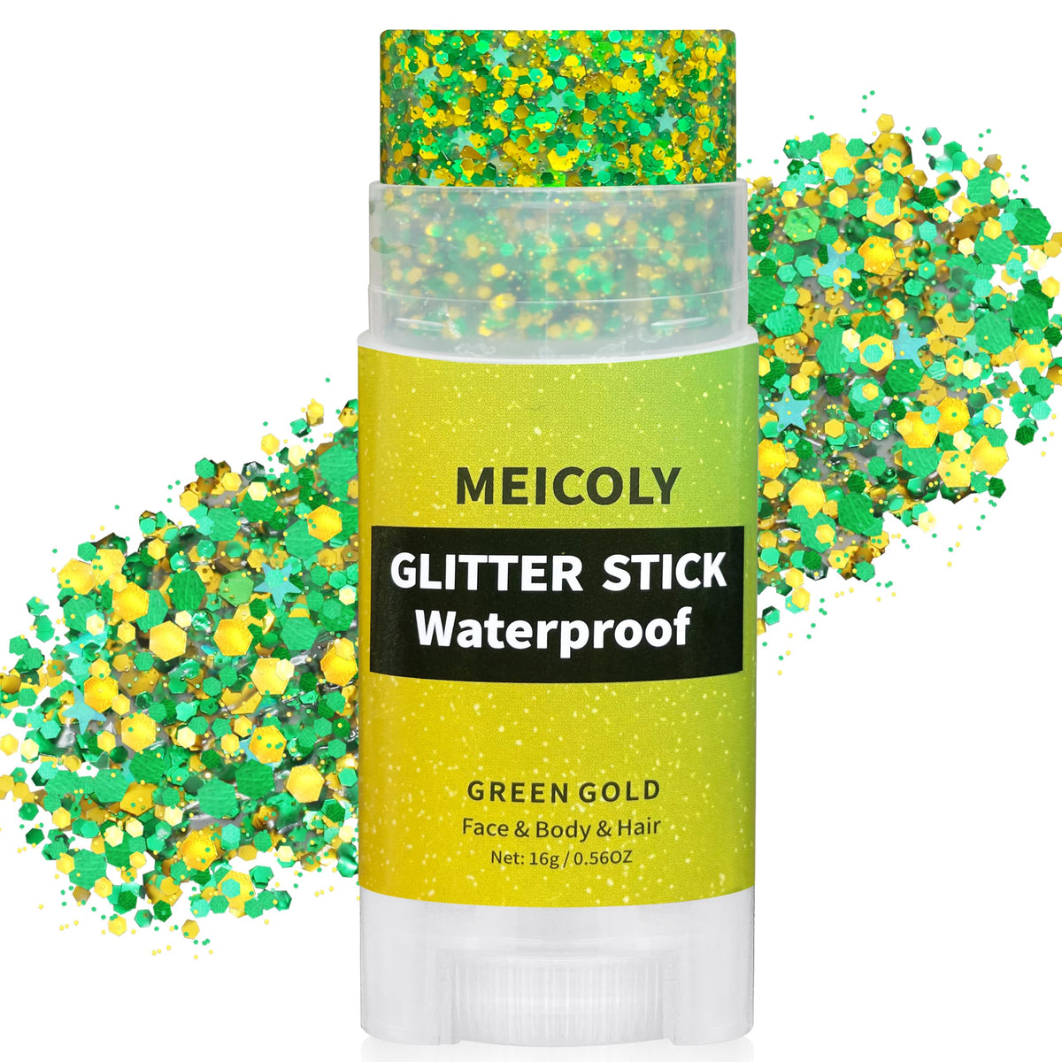 MEICOLY front packaging showing dual yellow green glitter stick, ideal for fan looks