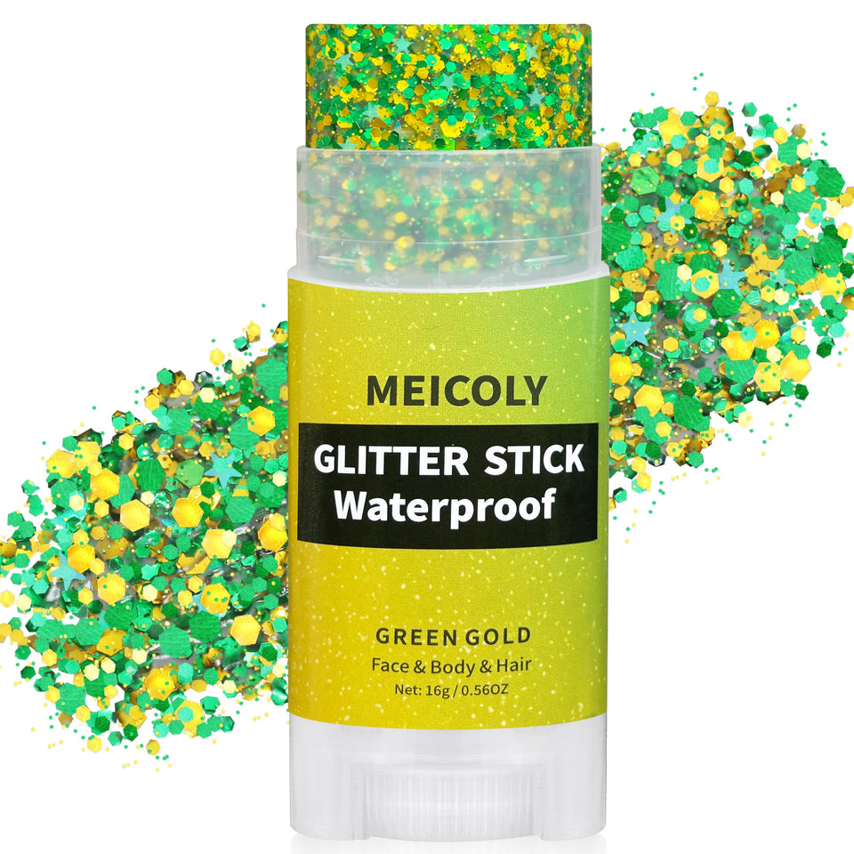 MEICOLY front packaging showing dual yellow green glitter stick, ideal for fan looks