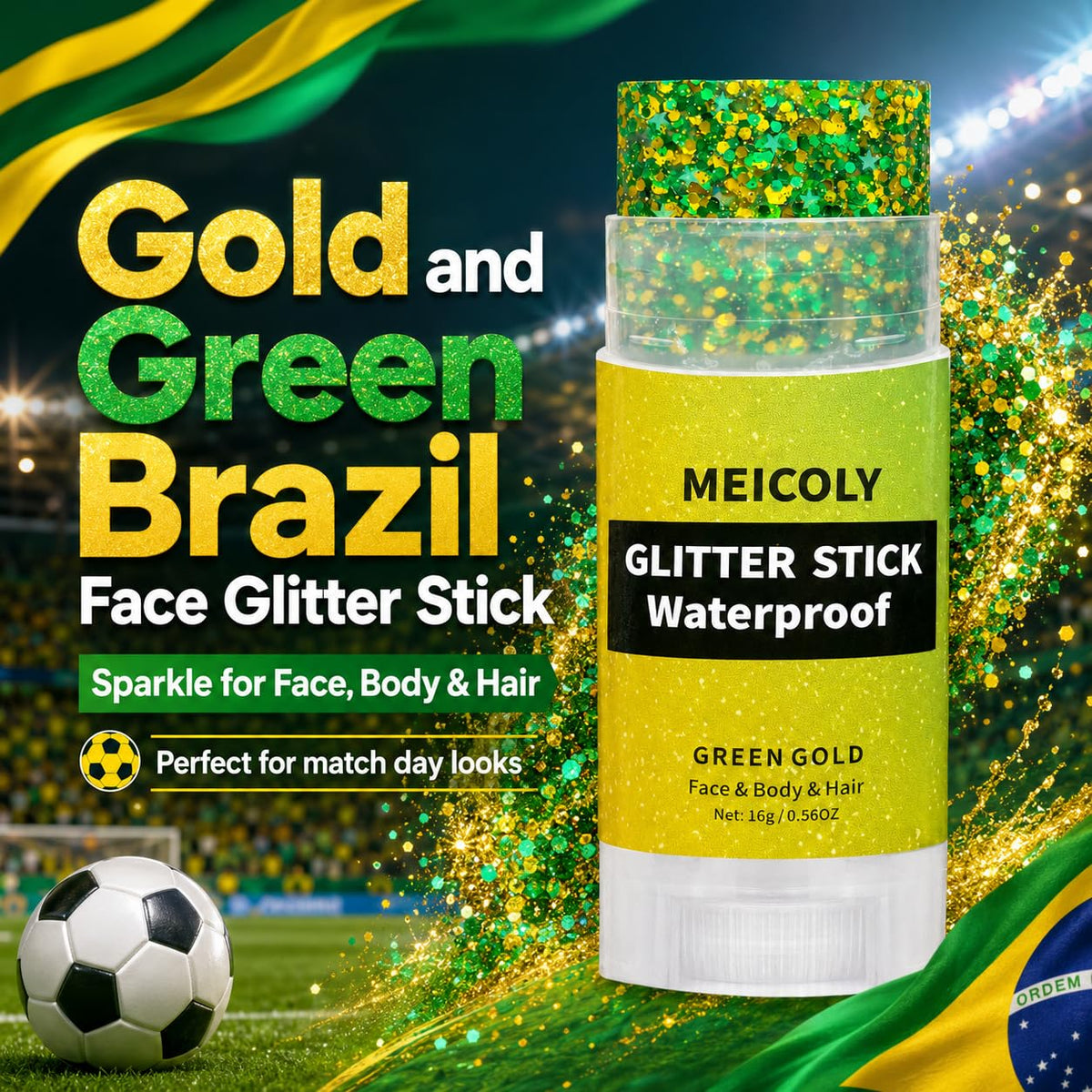 MEICOLY glitter texture close-up showing gold and green sparkle for vibrant shine