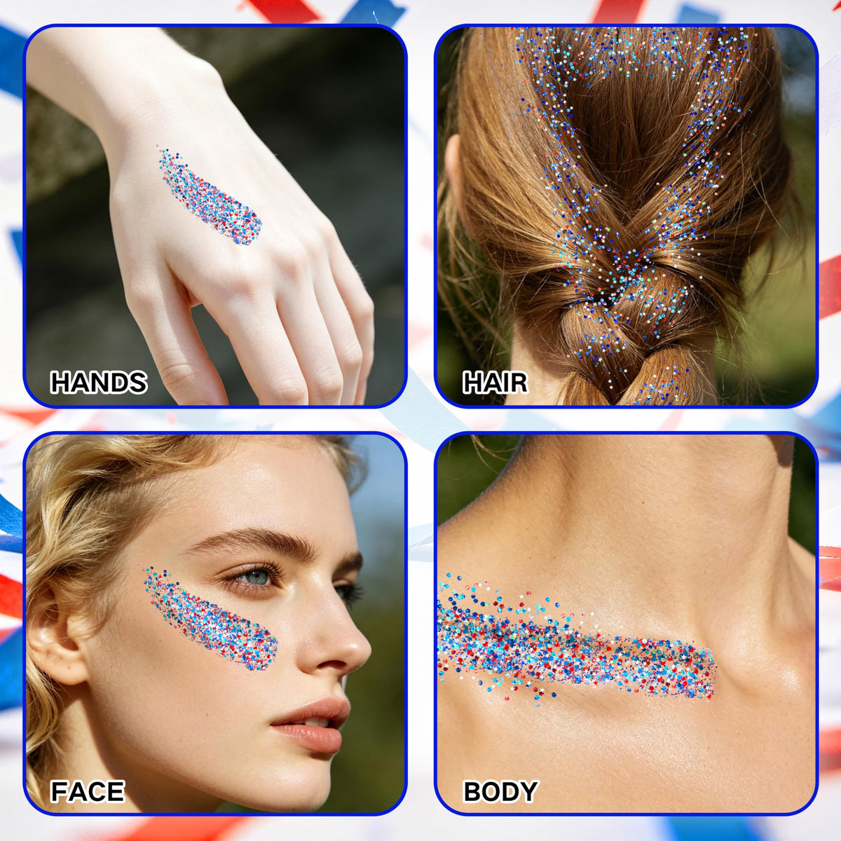MEICOLY applied in a braid for long-lasting patriotic hair highlights