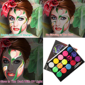 MEICOLY palette glowing under UV blacklight demonstrating intense fluorescence for events