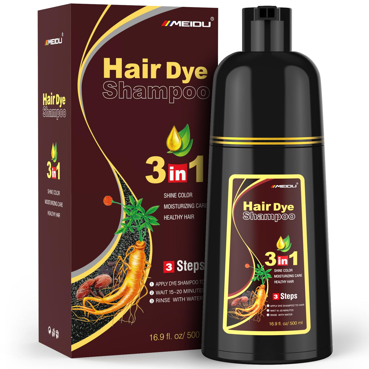 MEIDU front bottle showing dark brown label and 500ml size benefit of full coverage