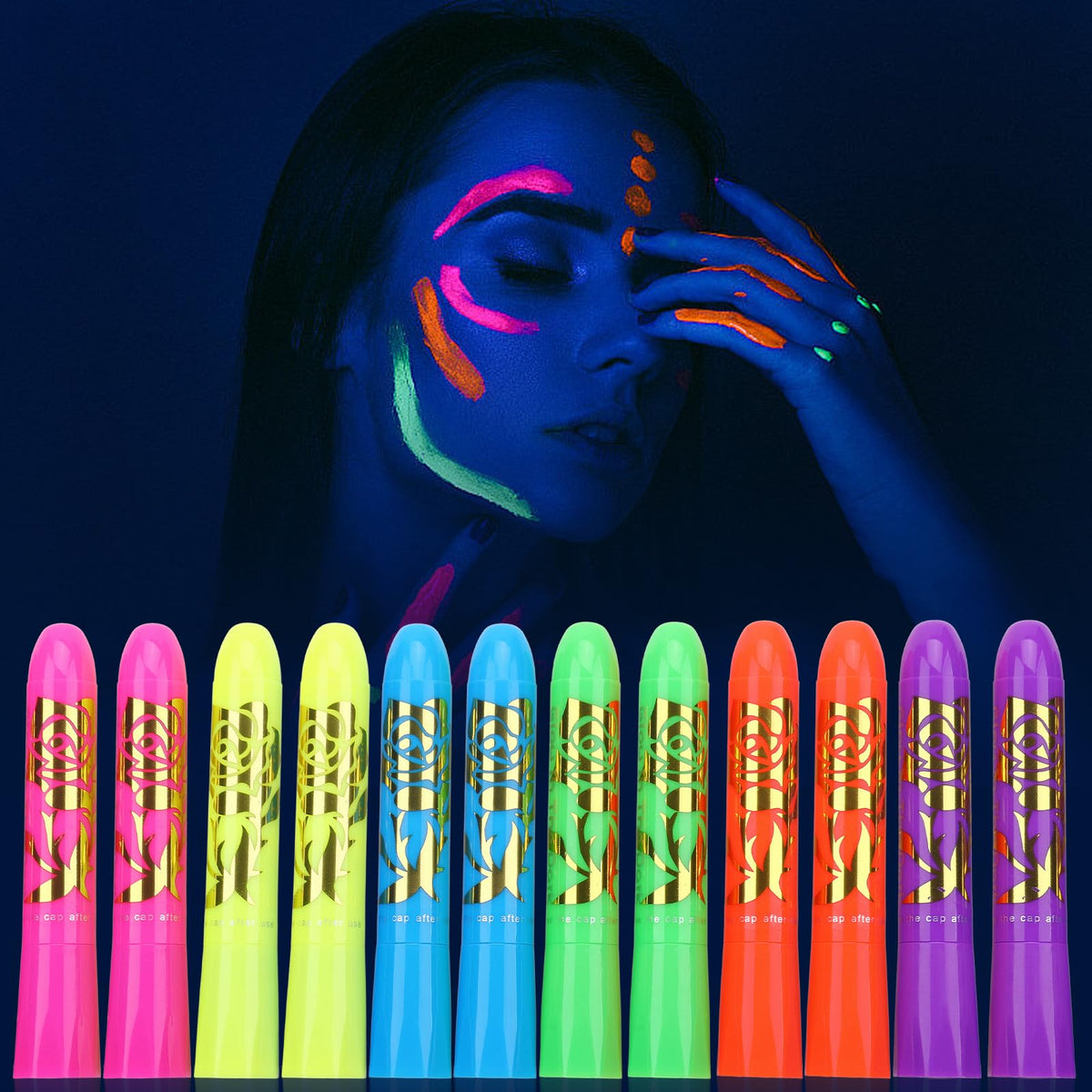 MeiduGaga front packaging showing 12 colorful neon crayons and benefits