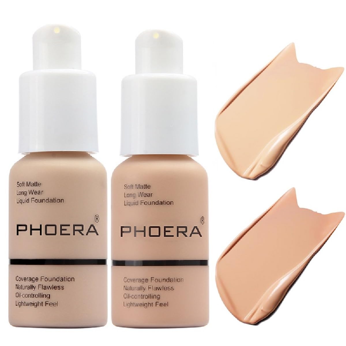 Meifen PHOERA front packaging showing dual foundation bottles and clear labels for easy shade choice