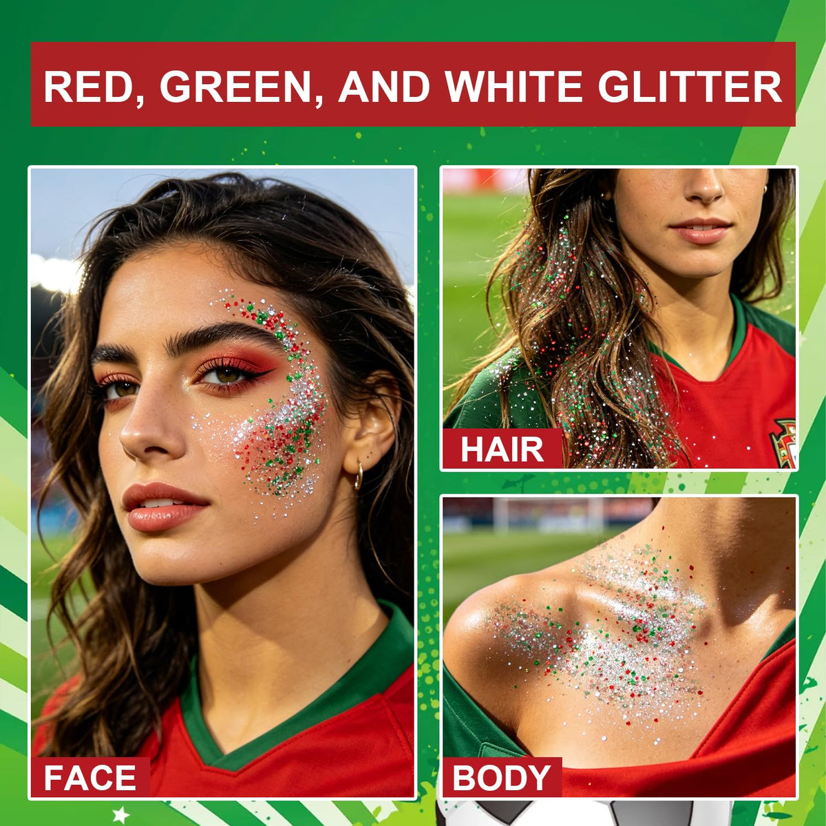 Meilury applied to cheek demonstrating team-color sparkle and quick application