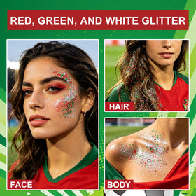 Meilury applied to cheek demonstrating team-color sparkle and quick application