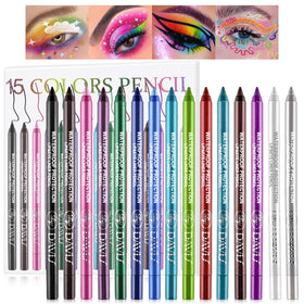 Meilury front packaging showing the 15-color eyeliner set and compact storage benefit