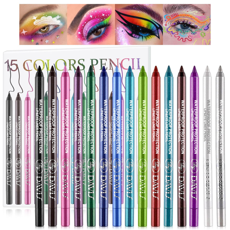 Meilury front packaging showing the 15-color eyeliner set and compact storage benefit