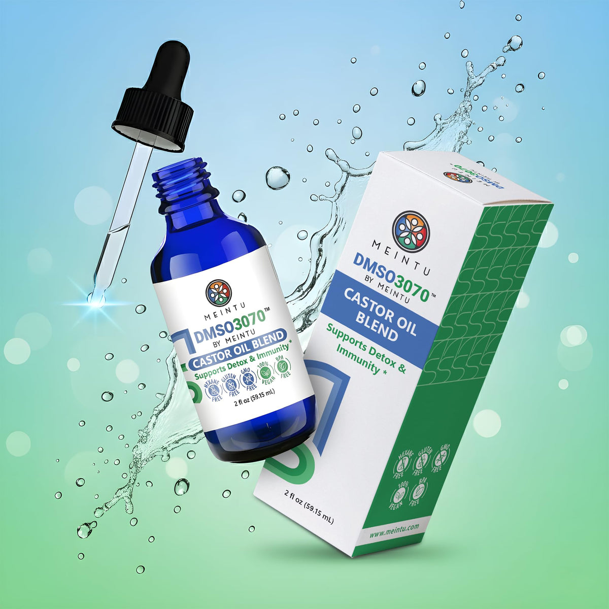 MEINTU dropper releasing oil, close-up showing smooth viscosity and control