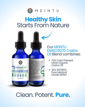 MEINTU label close-up listing organic castor oil and pharma-grade DMSO benefits