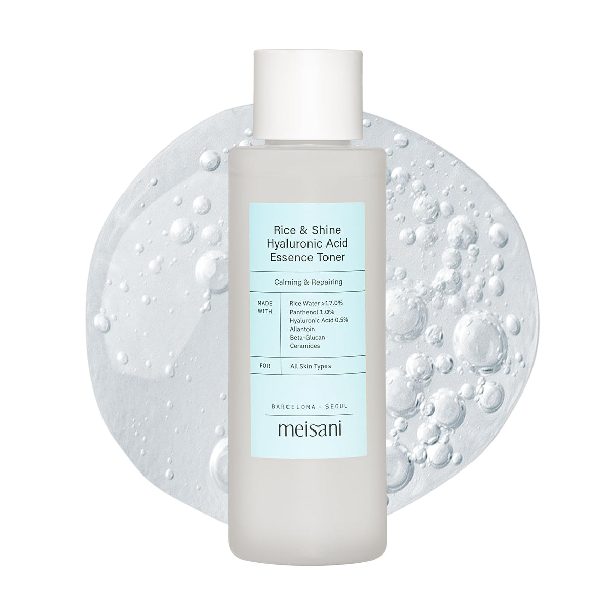 Meisani front bottle showing Rice & Shine toner and hydration benefits